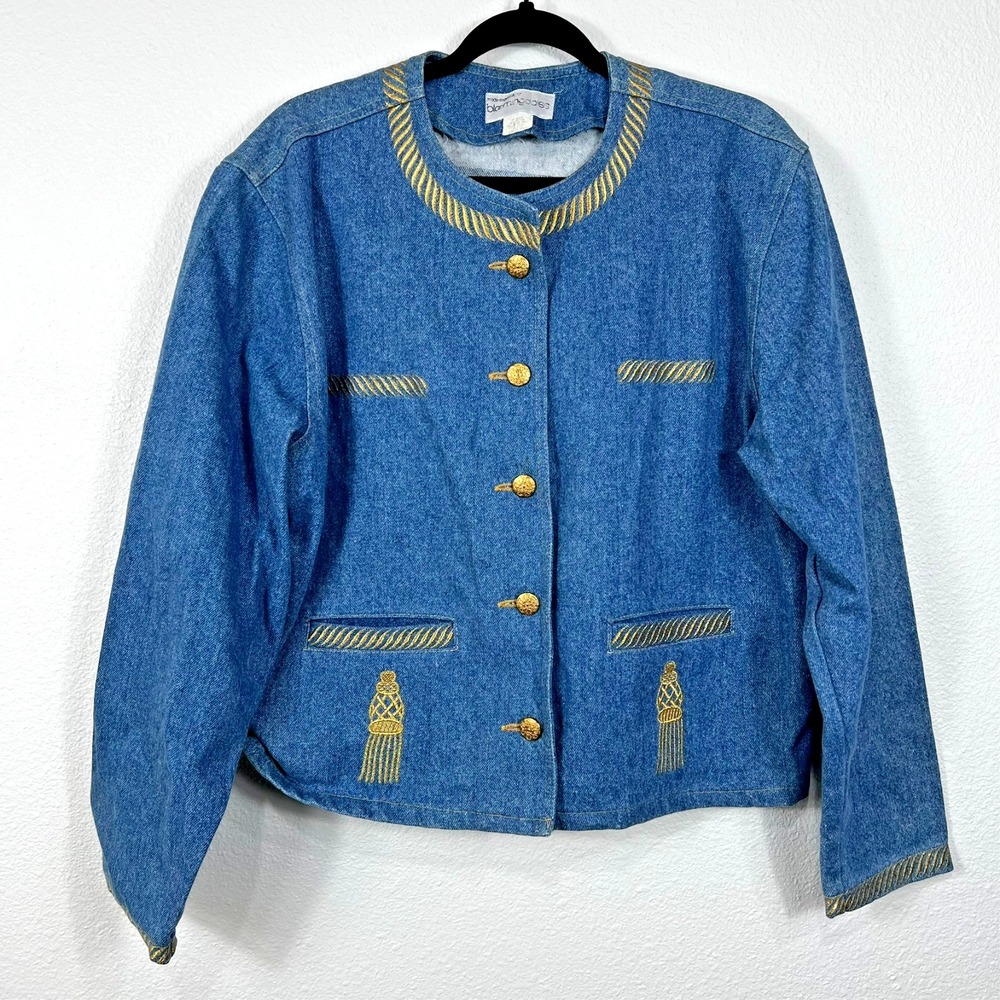 Vintage Bloomingdales Denim Jacket Womens L Blue Gold Embroidery Cottagecore Y2K